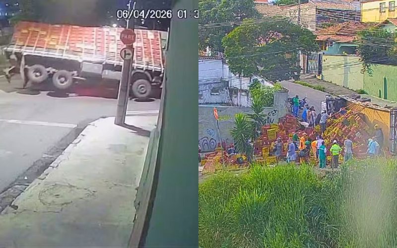 Caminhão de laranjas se acidenta em BH devido a erro de GPS; ASSISTA AO VÍDEO