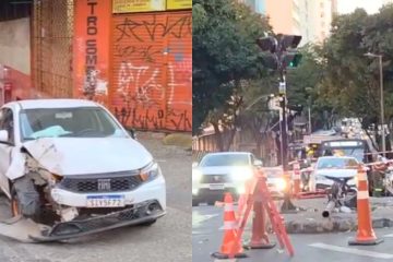 Motorista de aplicativo em estado de embriaguez provoca capotagem ao colidir com semáforo em BH; assista ao VÍDEO