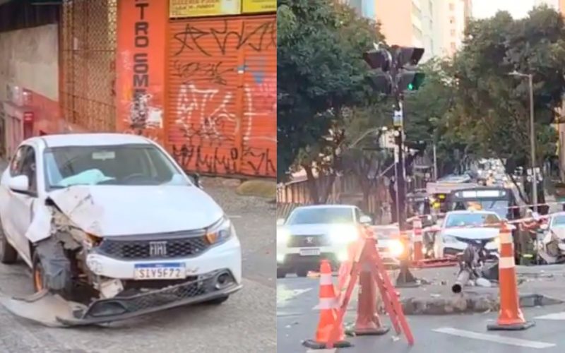 Motorista de aplicativo em estado de embriaguez provoca capotagem ao colidir com semáforo em BH; assista ao VÍDEO