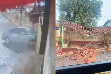 Mariana: carro destrói ponto de ônibus próximo à Praça Tancredo Neves; VEJA VIDEO