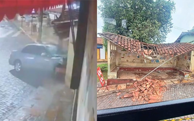 Mariana: carro destrói ponto de ônibus próximo à Praça Tancredo Neves; VEJA VIDEO